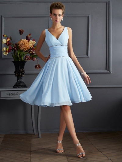 A-Line/Princess V-neck Sleeveless Pleats Short Chiffon Bridesmaid Dresses [40600]