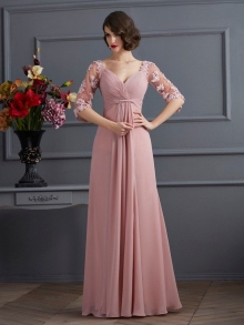 A-Line/Princess Sweetheart 1/2 Sleeves Beading Long Chiffon Dresses