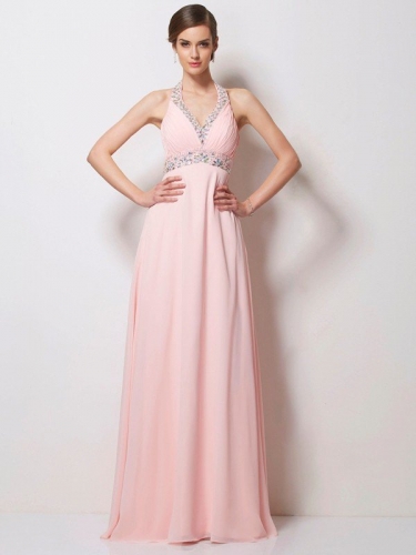 A-Line/Princess Halter Sleeveless Beading Long Chiffon Dresses