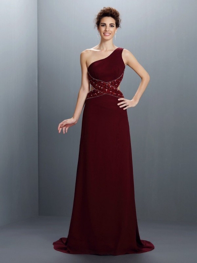 A-Line/Princess One-Shoulder Beading Sleeveless Long Chiffon Dresses [50091]