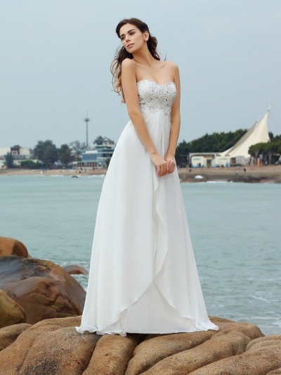 A-Line/Princess Sweetheart Beading Sleeveless Long Chiffon Beach Wedding Dresses [50170]