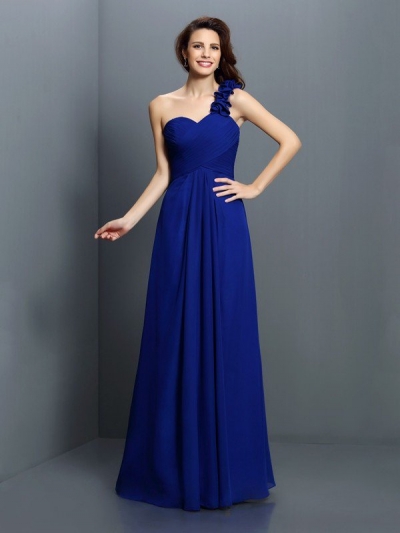 A-Line/Princess One-Shoulder Hand-Made Flower Sleeveless Long Chiffon Bridesmaid Dresses [50192]