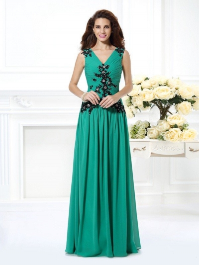 A-Line/Princess V-neck Beading Applique Sleeveless Long Chiffon Dresses [50250]