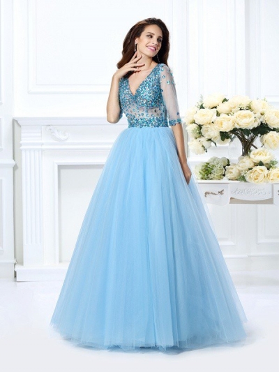 Ball Gown V-neck Beading 1/2 Sleeves Long Satin Quinceanera Dresses [50276]