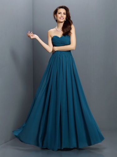 A-Line/Princess Sweetheart Pleats Sleeveless Long Satin Bridesmaid Dresses