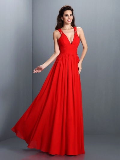 A-Line/Princess V-neck Pleats Sleeveless Long Chiffon Bridesmaid Dresses