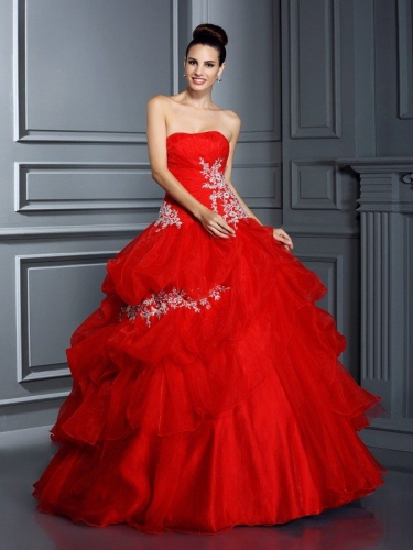 Ball Gown Strapless Applique Sleeveless Long Organza Quinceanera Dresses