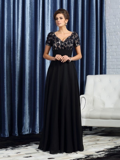 A-Line/Princess V-neck Short Sleeves Long Chiffon Mother of the Bride Dresses [50897]