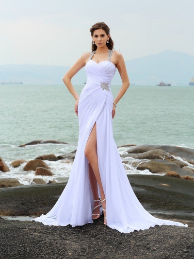 Sheath/Column Straps Beading Sleeveless Long Chiffon Beach Wedding Dresses [51010]