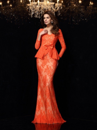 Sheath/Column V-neck Bowknot Long Sleeves Long Lace Dresses