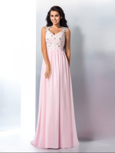 A-Line/Princess V-neck Applique Sleeveless Long Chiffon Dresses