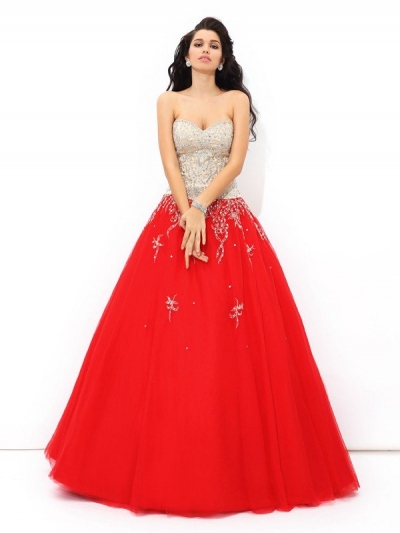 Ball Gown Sweetheart Beading Sleeveless Long Satin Quinceanera Dresses [60171]