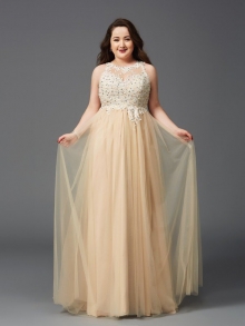 A-Line/Princess Scoop Rhinestone Sleeveless Long Net Plus Size Dresses