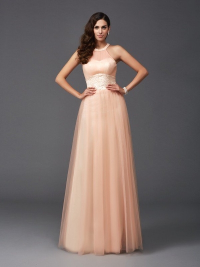 A-Line/Princess Halter Beading Sleeveless Long Net Dresses