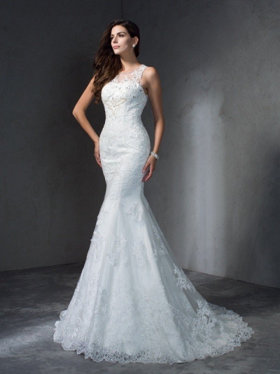 Trumpet/Mermaid Scoop Applique Sleeveless Long Lace Wedding Dresses [60682]