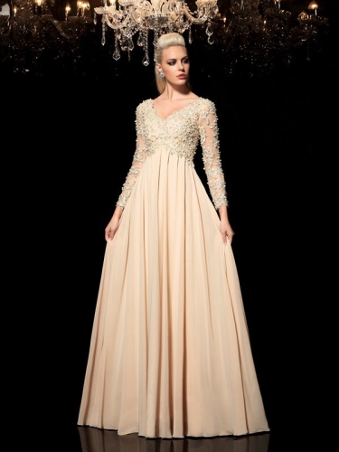 A-Line/Princess V-neck Applique Long Sleeves Long Chiffon Dresses