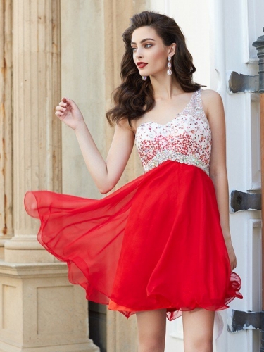 A-line/Princess One-Shoulder Beading Sleeveless Chiffon Short/Mini Dresses