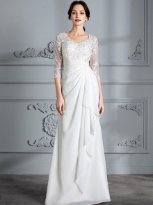 Sheath/Column V-neck 3/4 Sleeves Chiffon Floor-Length Wedding Dresses