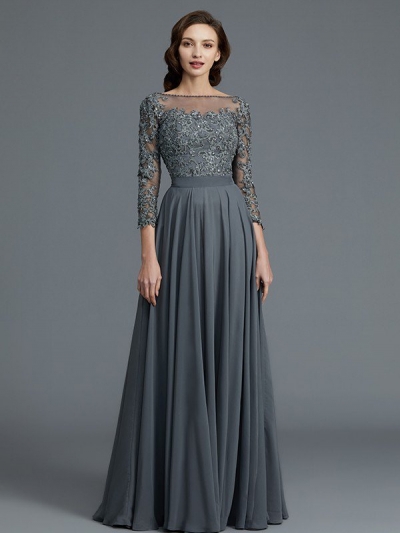 A-Line/Princess 3/4 Sleeves Bateau Floor-Length Chiffon Mother of the Bride Dresses [73015]