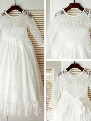 A-line/Princess Scoop Long Sleeves Bowknot Floor-Length Lace Flower Girl Dresses