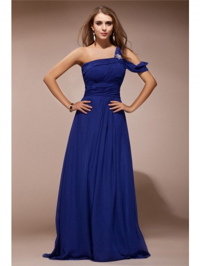 Sheath/Column One Shoulder Ruffles Rhinestone Sleeveless Long Chiffon Dresses [N13DDRESS254]