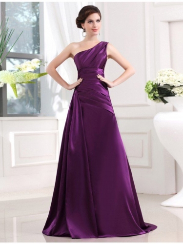 A-Line/Princess One-shoulder Sleeveless Elastic Woven Satin Pleats Long Dresses