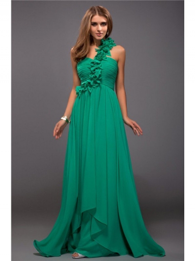 Sheath/Column One Shoulder Ruffles Sleeveless Hand-Made Flower Long Chiffon Dresses