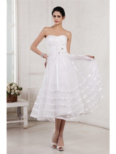 A-Line/Princess Strapless Sleeveless Hand-Made Flower Pleats Short Organza Taffeta Wedding Dresses