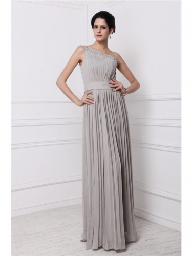 Sheath/Column One-Shoulder Sleeveless Beading Pleats Long Chiffon Dresses