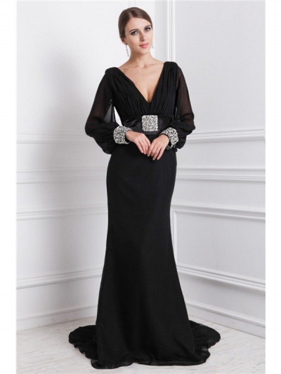 Trumpet/Mermaid V-neck Long Sleeves Beading Long Chiffon Dresses