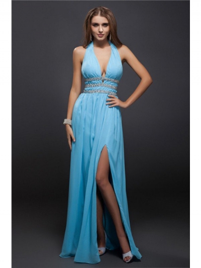 Sheath/Column V-neck Beading Sleeveless Long Chiffon Dresses [N13ZYDRESS53]