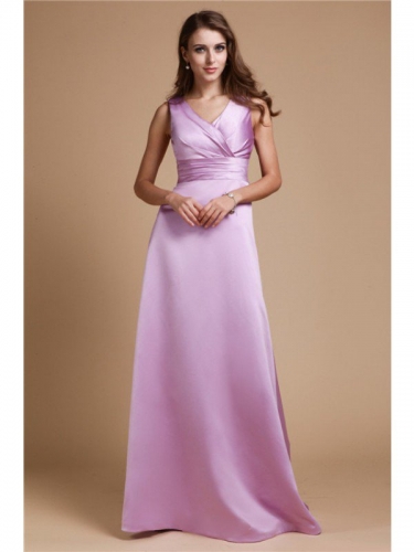 A-Line/Princess V-neck Long Sleeveless Elastic Woven Satin Bridesmaid Dresses