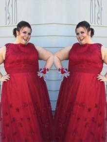 A-Line/Princess Scoop Sleeveless Applique Floor-Length Tulle Plus Size Dresses