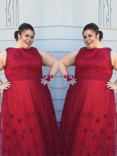 A-Line/Princess Scoop Sleeveless Applique Floor-Length Tulle Plus Size Dresses