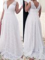 A-Line/Princess V-neck Sleeveless Lace Sweep/Brush Train Lace Plus Size Dresses