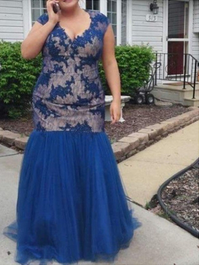 Trumpet/Mermaid V-neck Sleeveless Applique Floor-Length Tulle Plus Size Dresses [N171212PO276]