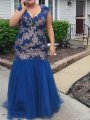 Trumpet/Mermaid V-neck Sleeveless Applique Floor-Length Tulle Plus Size Dresses