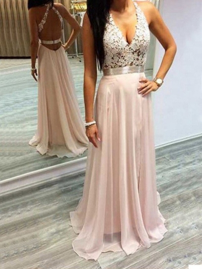 A-Line/Princess Halter Sleeveless Chiffon Lace Sweep/Brush Train Dresses