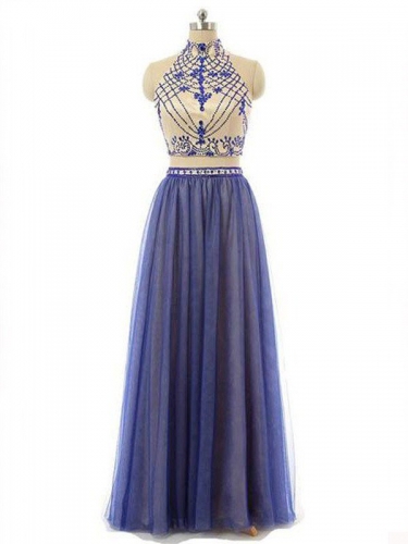 A-Line/Princess Sleeveless High Neck Chiffon Beading Floor-Length Two Piece Dresses