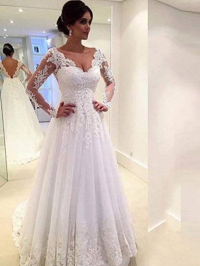 Ball Gown V-neck Long Sleeves Lace Court Train Tulle Wedding Dresses [PO16033PO492]