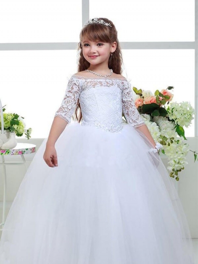 Ball Gown Off-the-Shoulder 1/2 Sleeves Lace Floor-Length Tulle Flower Girl Dresses [PO16033PO794]