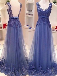 A-Line/Princess Sleeveless V-neck Tulle Applique Floor-Length Dresses