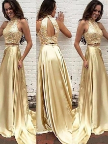 A-Line/Princess High Neck Sleeveless Satin Sweep/Brush Train Beading Two Piece Dresses