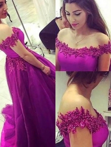 Ball Gown Sleeveless Off-the-Shoulder Applique Floor-Length Tulle Dresses