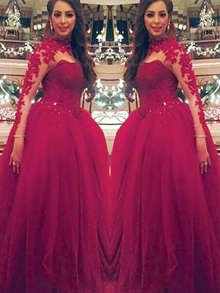 Ball Gown Long Sleeves High Neck Applique Floor-Length Tulle Dresses