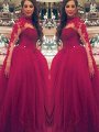 Ball Gown Long Sleeves High Neck Applique Floor-Length Tulle Dresses