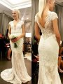 Sheath/Column V-neck Lace Short Sleeves Sweep/Brush Train Wedding Dresses