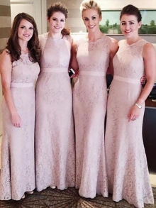 Sheath/Column Lace Scoop Sleeveless Floor-Length Bridesmaid Dresses