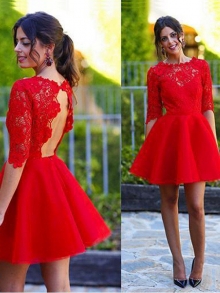 A-Line/Princess Scoop 1/2 Sleeves Lace Short/Mini Dresses