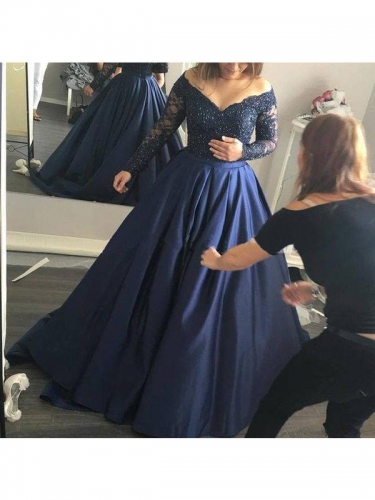 Ball Gown Off-the-Shoulder Long Sleeves Beading Satin Sweep/Brush Train Dresses